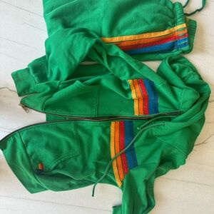 Aviator Nation Green Teddy Jacket with Rainbow Stripes